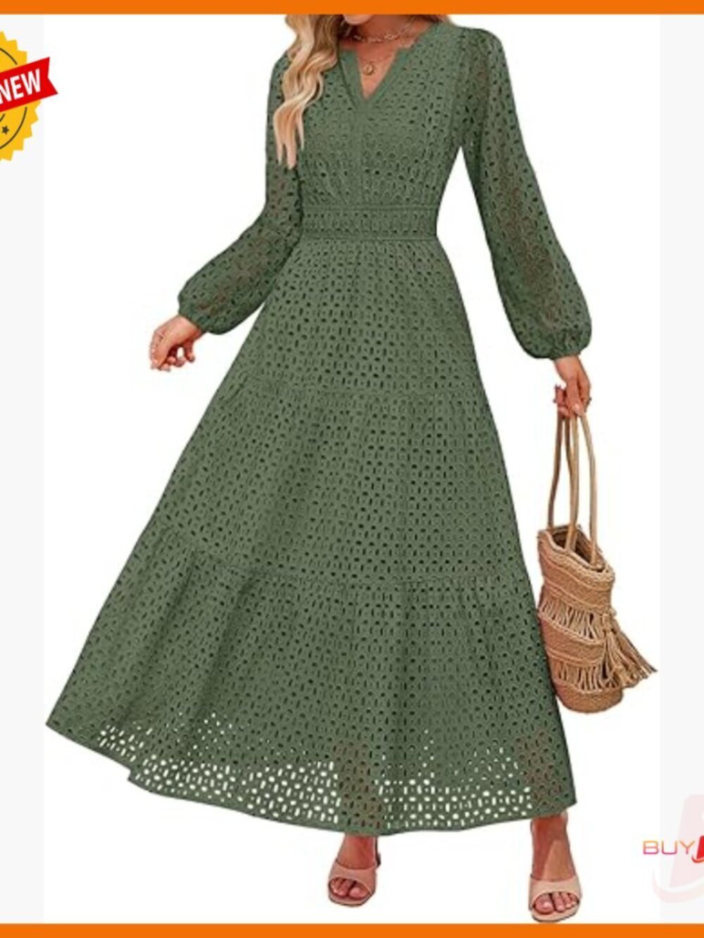 Long Sleeve Maxi Dress V Neck Hollow Out Eyelet A Line Casual Party